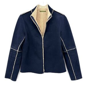 Y2K Velvet Faux Suede Jacket Size M Sherpa Lined Exposed Seams Zip Up Blue